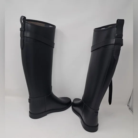 Burberry Women's Rain Boots Knee High Equestrian Black Belt Italy 36 EU 6 US - Picture 8 of 13